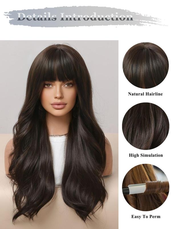 26 Inch Brown Long Curly Wigs For Women, Gorgeous Fluffy Wigs With Bangs, Synthetic Full Machine Wigs For Party, Daily Use