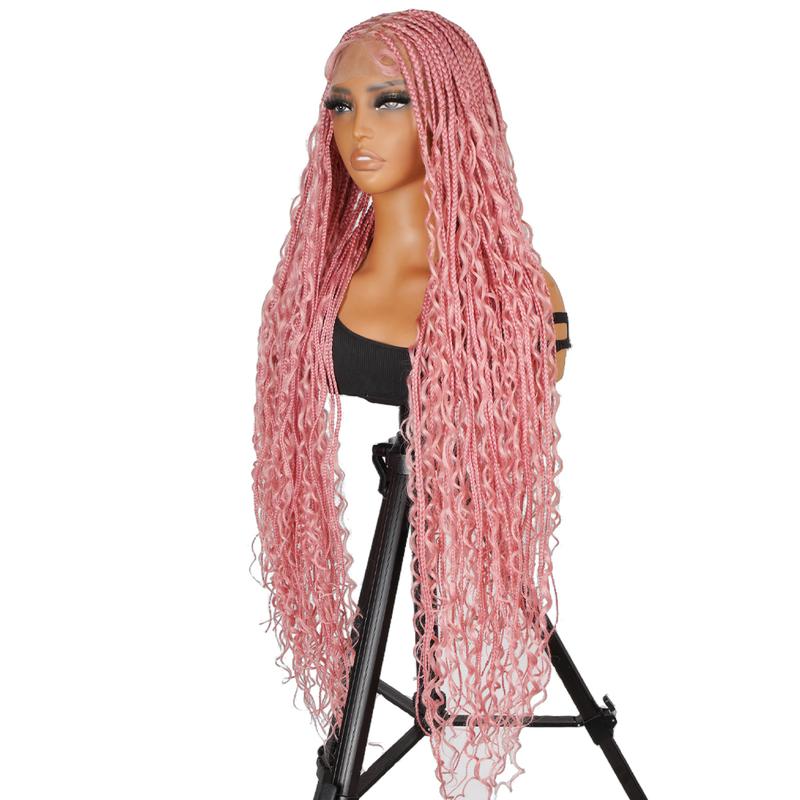 SuperNova #Pink 36 Inches Full Lace Synthetic Bohemian Knotless Box Braided Wigs, Lightweight, Breathable, Natural Look, Long-Lasting, Easy to Maintain, Perfect for Fashionable Styles, Versatile for Any Occasion, Elegant Pink Color for All-Day Wear