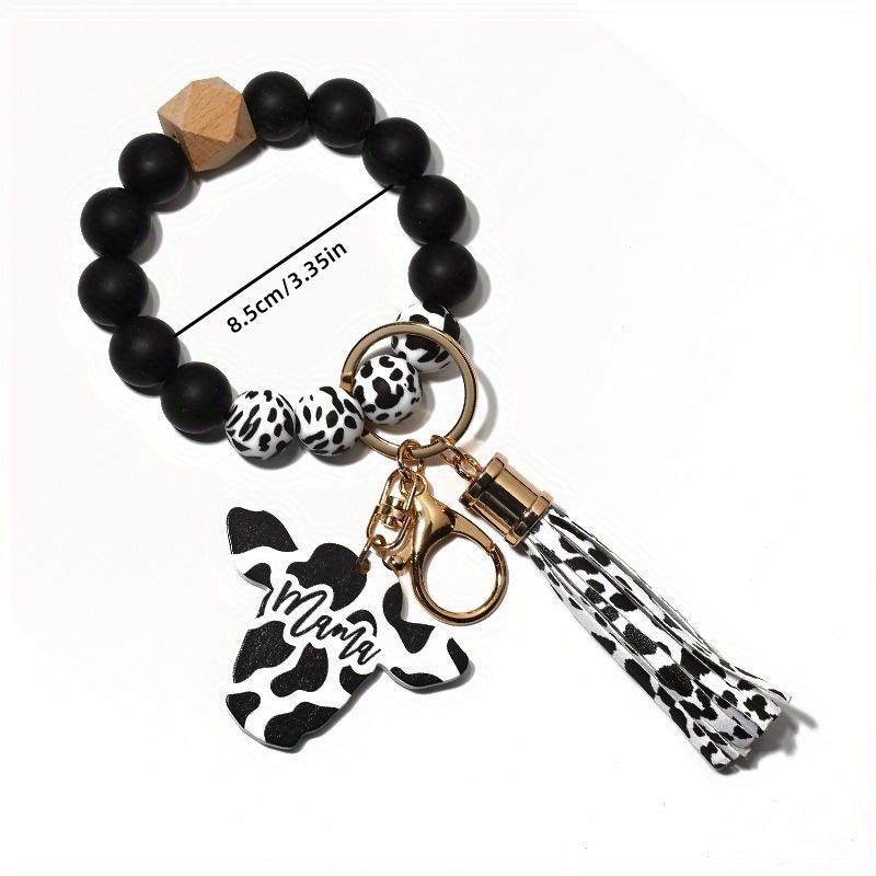 Cow Print Beaded Keychain, 1 Count Cute Silicone Beaded Keychain with Wooden Tag & Tassel, Car Interior Decoration Accessories for Women & Girls