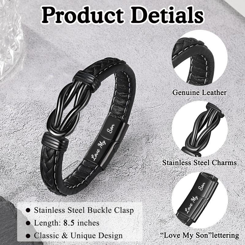 To My Son Grandson Nephew Man Boyfriend Brother Men Leather Bracelet for Birthday Valentine's Day Christmas Gifts