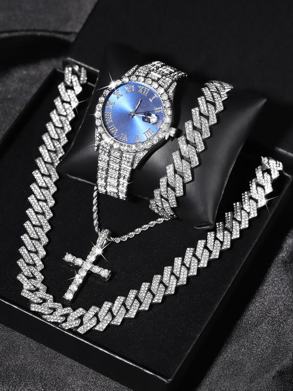 Men's Punk Style Rhinestone Decor Watch & Bracelet & Adjustable Cross Charm Necklace & Cuban Necklace, Exquisite Trendy Watch Set As Gift with Box