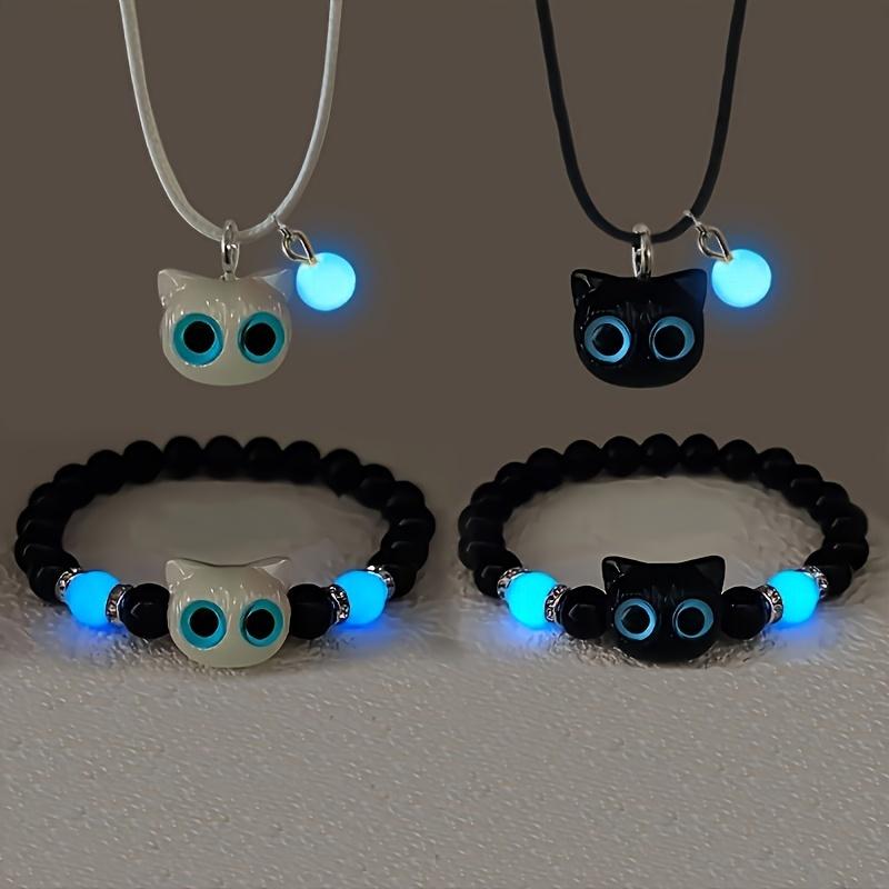 4 Pcs Glow-in-the-Dark Cat Jewelry Set - Luminous Beaded Bracelets & Multilayer Necklace, Vintage Boho Style, Adjustable Elastic Black Beads With Cute Cat Accents, Perfect For Couples Friendship Gifts