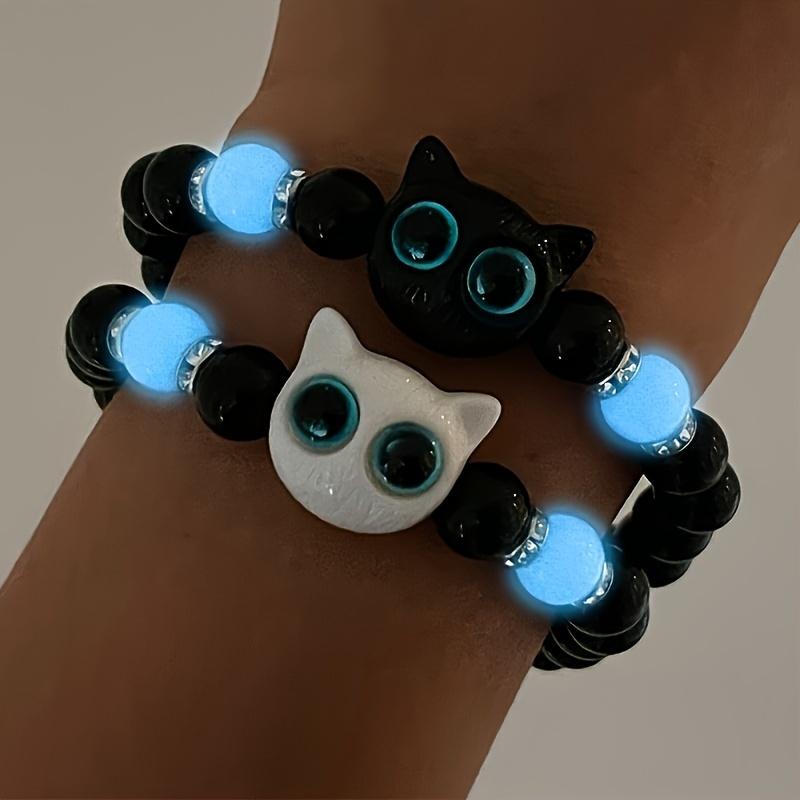 4 Pcs Glow-in-the-Dark Cat Jewelry Set - Luminous Beaded Bracelets & Multilayer Necklace, Vintage Boho Style, Adjustable Elastic Black Beads With Cute Cat Accents, Perfect For Couples Friendship Gifts