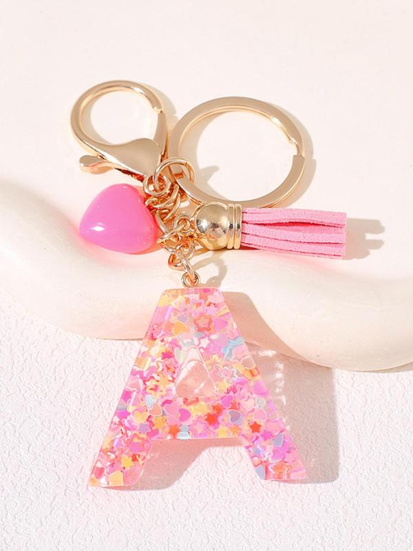 Letter Design Keychain, Cute Tassel & Heart Bead Decor Keychain for Women & Girls, Fashion Accessories for Bag Decoration