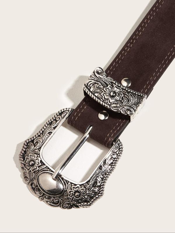 Fashion Floral Embossed Buckle Belt, Vintage Western Belt for Men & Women, All-match Clothes Accessories for Daily Wear