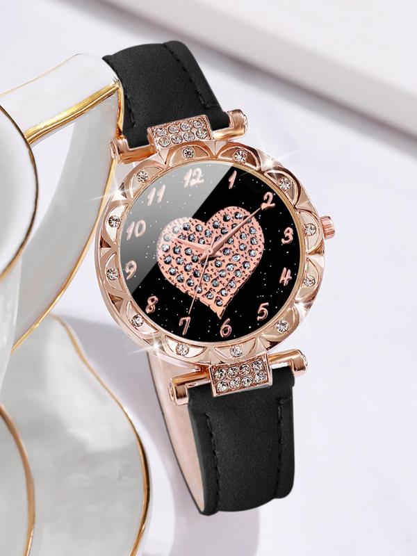 Women's Fashion Analog Quartz Watch & Heart Charm Bracelet, Elegant Trendy Rhinestone Decorated Round Dial Wristwatch & Exquisite Bracelet without Box