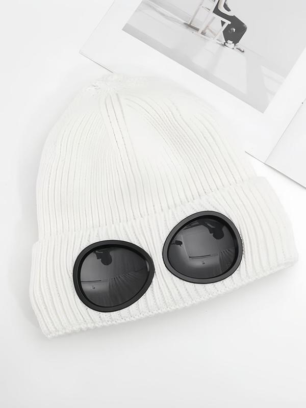 Unisex Solid Color Goggle Lens Design Beanie Hat, Casual Soft Comfortable Beanie for Fall & Winter, Fashion Accessories for Both Men & Women