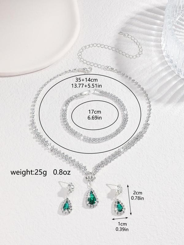 Elegant Rhinestone Decor Water Drop Shaped Design Dangle Earrings & Adjustable Pendant Necklace & Bracelet, Exquisite Trendy Jewelry Set for Party