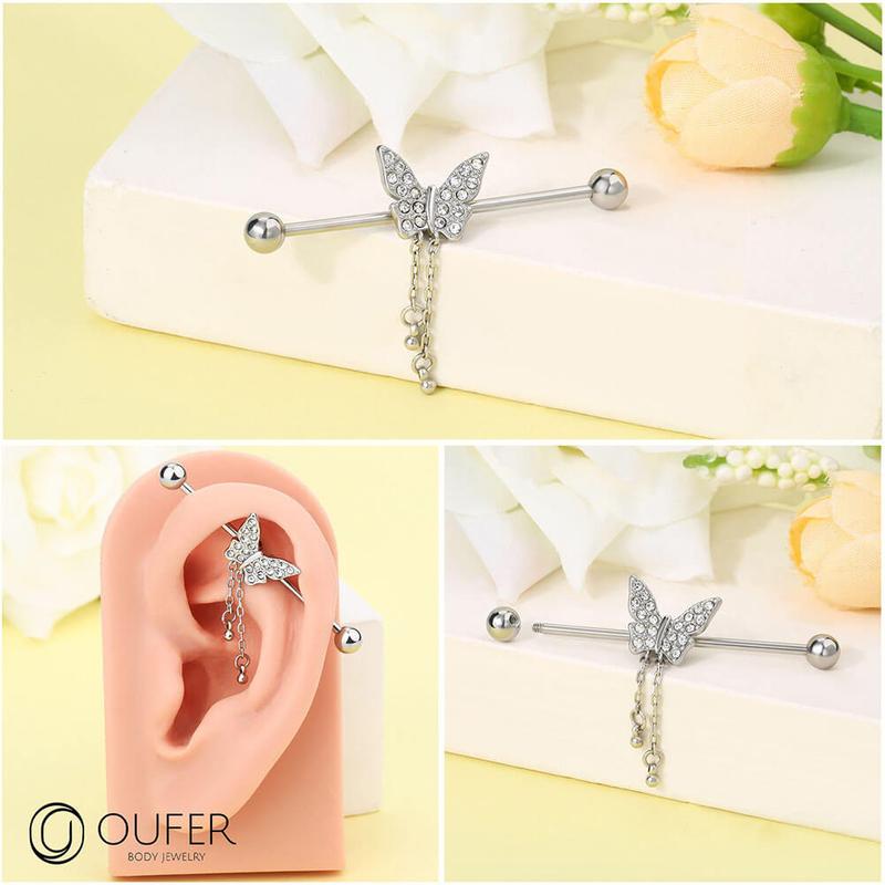 14G Shiny Dangle Butterfly Industrial Barbell