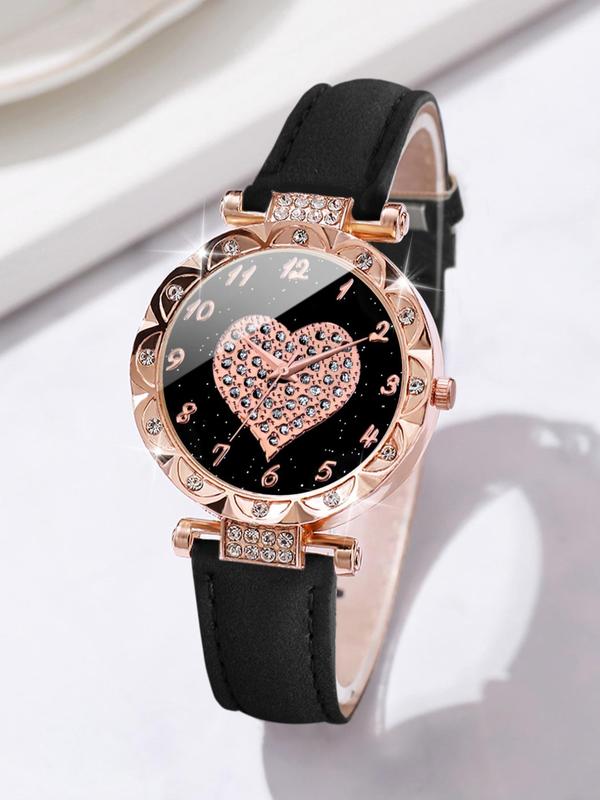 Women's Fashion Analog Quartz Watch & Heart Charm Bracelet, Elegant Trendy Rhinestone Decorated Round Dial Wristwatch & Exquisite Bracelet without Box