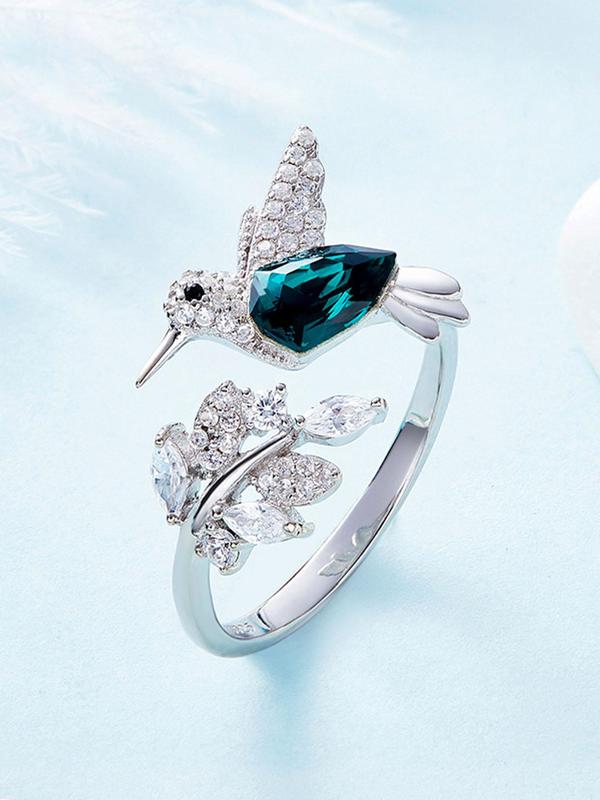 Women's Elegant Rhinestone Decorated Bird Design Cuff Ring, Minimalist Temperament Leaf & Bird Themed Design Cuff Ring, Exquisite Trendy Ring, Fashionable Jewelry for Women As Gift