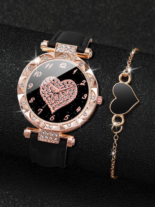 Women's Fashion Analog Quartz Watch & Heart Charm Bracelet, Elegant Trendy Rhinestone Decorated Round Dial Wristwatch & Exquisite Bracelet without Box