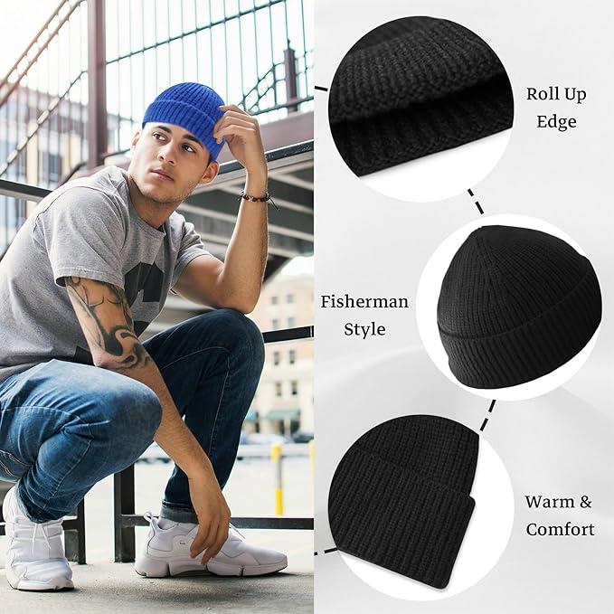 Fisherman Beanie for Men Hat Short Knit Cuff Beaniess Trawler Beanie Watch Hat Roll up Edge Skullcap Unisex