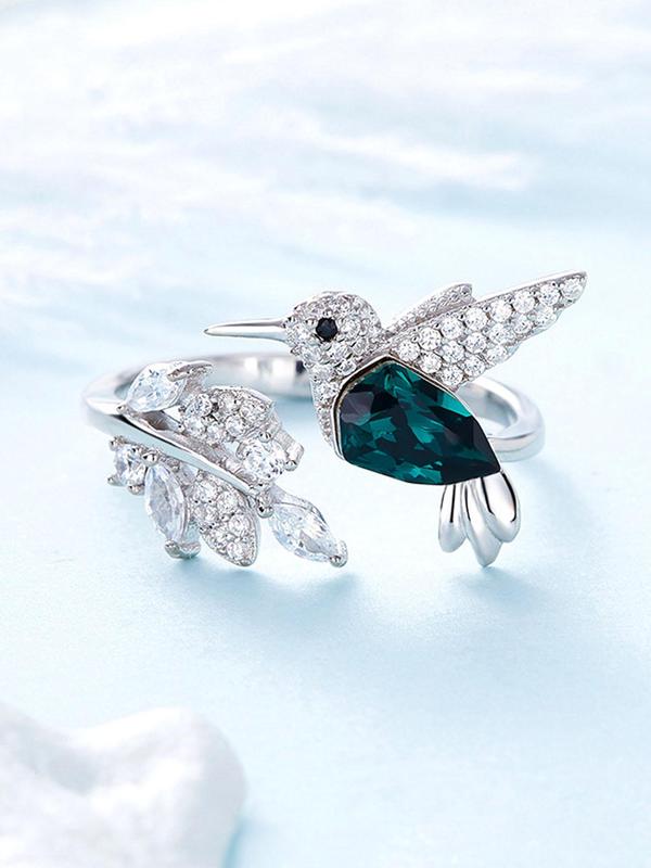 Women's Elegant Rhinestone Decorated Bird Design Cuff Ring, Minimalist Temperament Leaf & Bird Themed Design Cuff Ring, Exquisite Trendy Ring, Fashionable Jewelry for Women As Gift