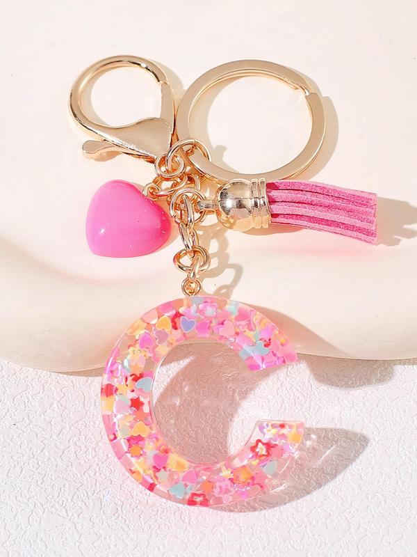 Letter Design Keychain, Cute Tassel & Heart Bead Decor Keychain for Women & Girls, Fashion Accessories for Bag Decoration