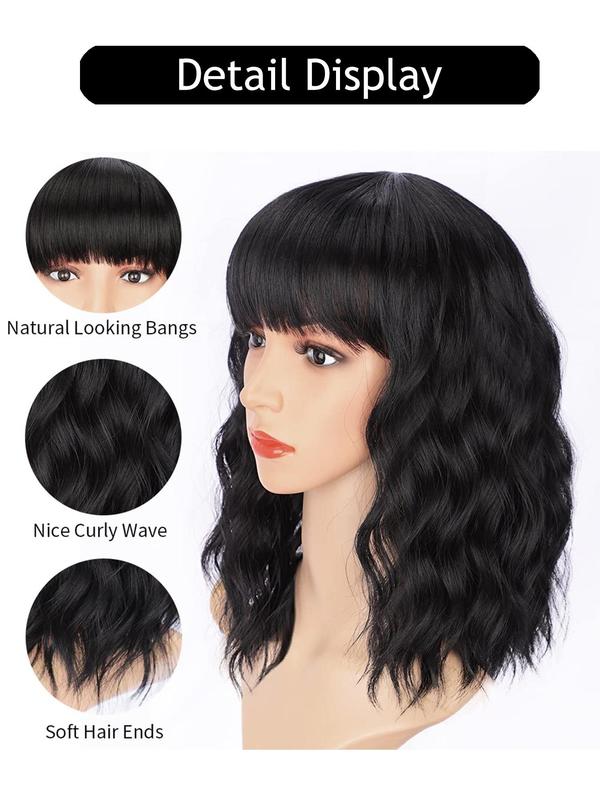 14 Inch Short Black Curly Wigs for Women, Fashion Gorgeous Fluffy Wigs with Bangs for Women & Girls, Synthetic Full Machine Wigs for Party, Daily Use