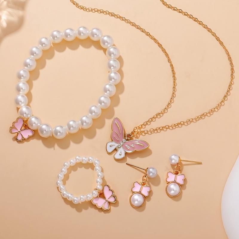 A Set of Lovely Pearl Butterfly Fashion Necklace Earrings Pearl Bracelet Ring Suit, Suitable for Girls