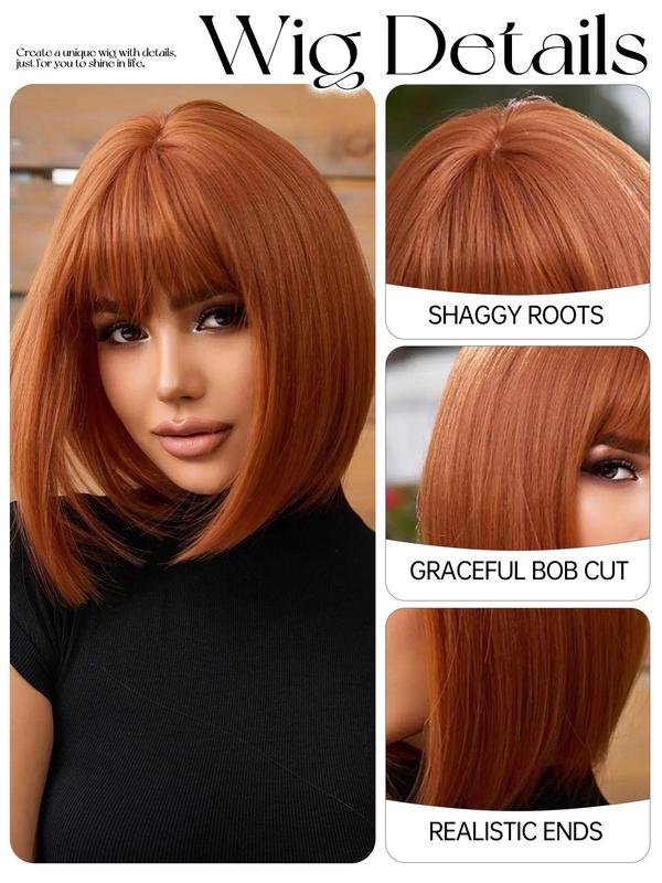 12 Inch Burgundy Glueless Short Straight Bob Wigs for Women, Gorgeous Heat Resistant Wigs with Bangs, Synthetic Wigs for Party, Daily Use,  Fall Hair Trends 2024