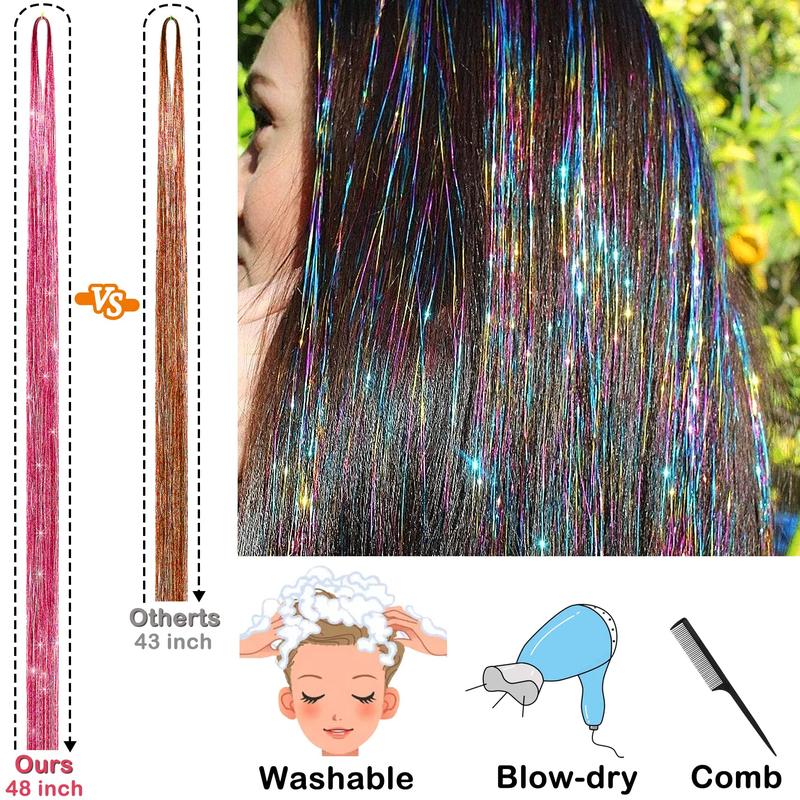 Hair Tinsel Kit (48 Inch, 17 Colors, 4250 strands), Tinsel Hair Extensions with Tools, 160° Heat Resistant Glitter Hair Tinsel Kit for Girls Women Hair Accessories silver hair clip synthetic extensions & pieces