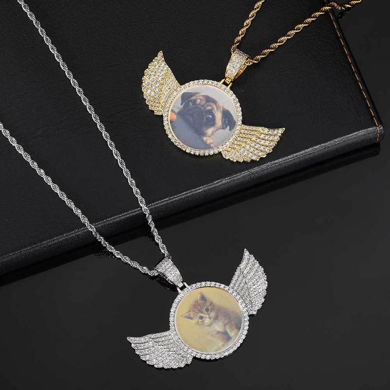 PAG&MAG Hip hop memory Angel Wings Round Photo pendant Copper inset zircon DIY creative picture frame necklace jewelry synthetic