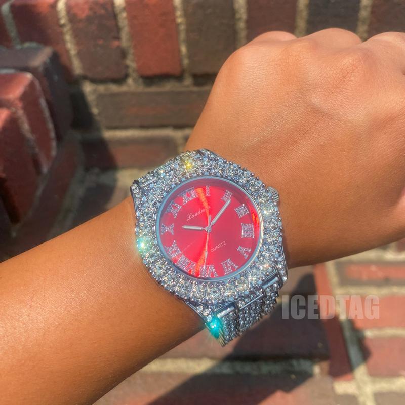 Iced Blinged Out Silver Plated Red Dial Luxury Celebrity Shine Watch