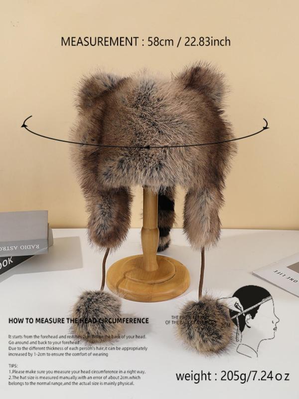 Cute Raccoon Design Contrast Fur Hat, Fashionable Pom Pom Decor Hat for Fall & Winter, Warm and Stylish Hat for Men & Women