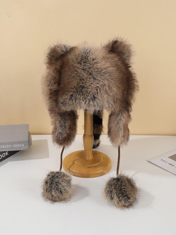 Cute Raccoon Design Contrast Fur Hat, Fashionable Pom Pom Decor Hat for Fall & Winter, Warm and Stylish Hat for Men & Women