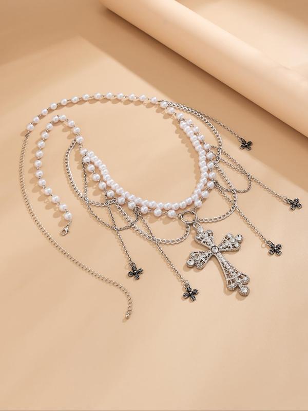 Cross Design Faux Pearl Decorated Tassel Waist Chain,  Fashionable Hollow out Body Jewelry for Women & Girls, for Party, Daily Clothing Decor, Trendy All-match & Exquisite Jewelry for Birthday Gift