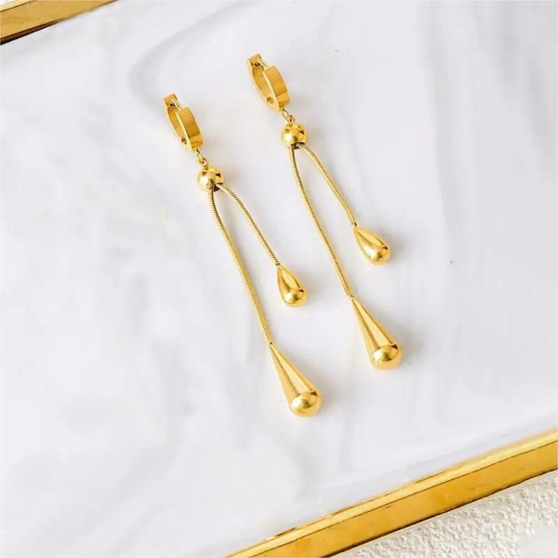 3Pcs Simple Vintage Pull Out Teardrop French Fringe Stainless Steel Golden Women's Ear Clip Necklace Set Birthday Party Party