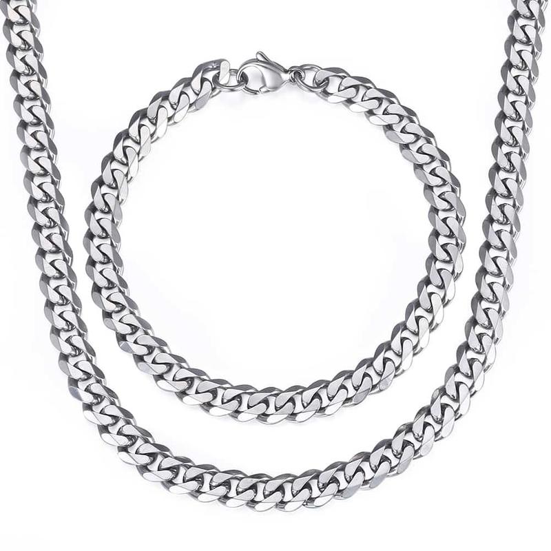 7MM Stainless Steel Curb Cuban Chain Necklace Bracelet Jewelry Set Silver Color Link for Female Male