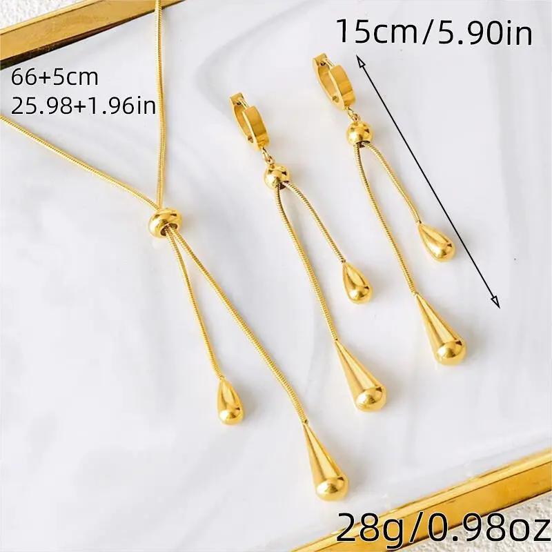 3Pcs Simple Vintage Pull Out Teardrop French Fringe Stainless Steel Golden Women's Ear Clip Necklace Set Birthday Party Party