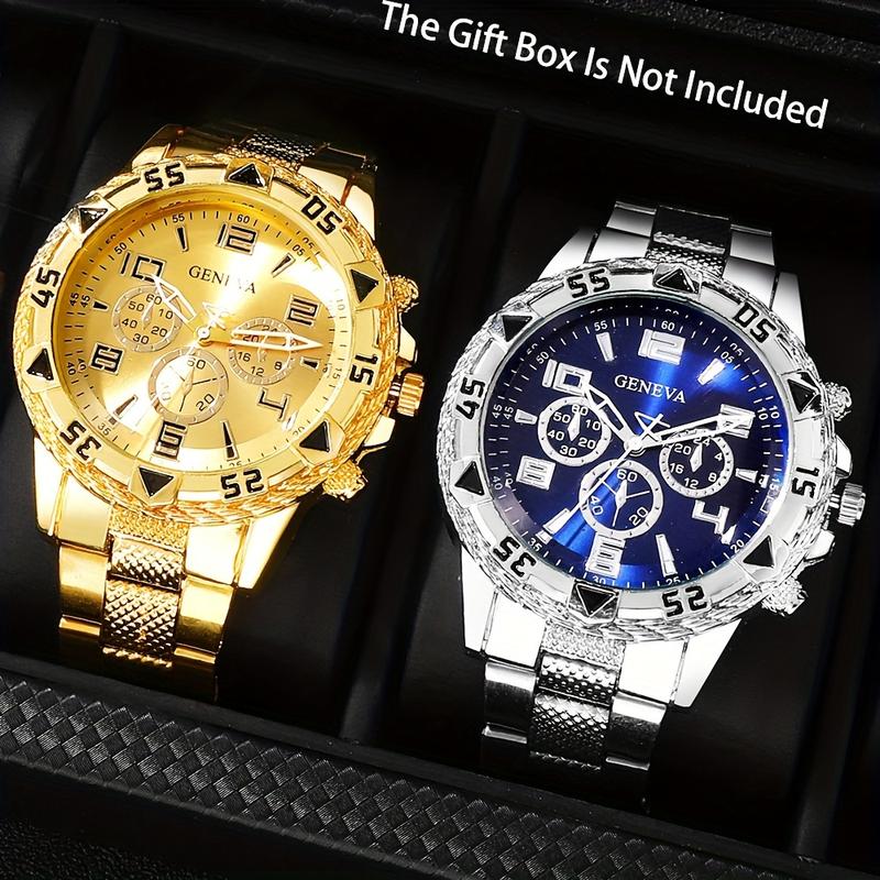 3-Piece 2-Piece Fashionable Business Men's Round Quartz Watch Set with Date Function, Stainless Steel Bands, Zinc Alloy Case, Electronic Movement, Pointer Display - Ideal for Valentine's, Easter, Eid Al-Adha, Birthday, Christmas Gifts