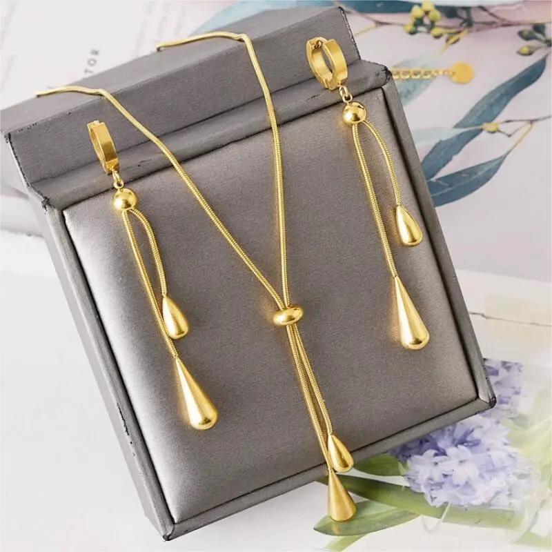 3Pcs Simple Vintage Pull Out Teardrop French Fringe Stainless Steel Golden Women's Ear Clip Necklace Set Birthday Party Party