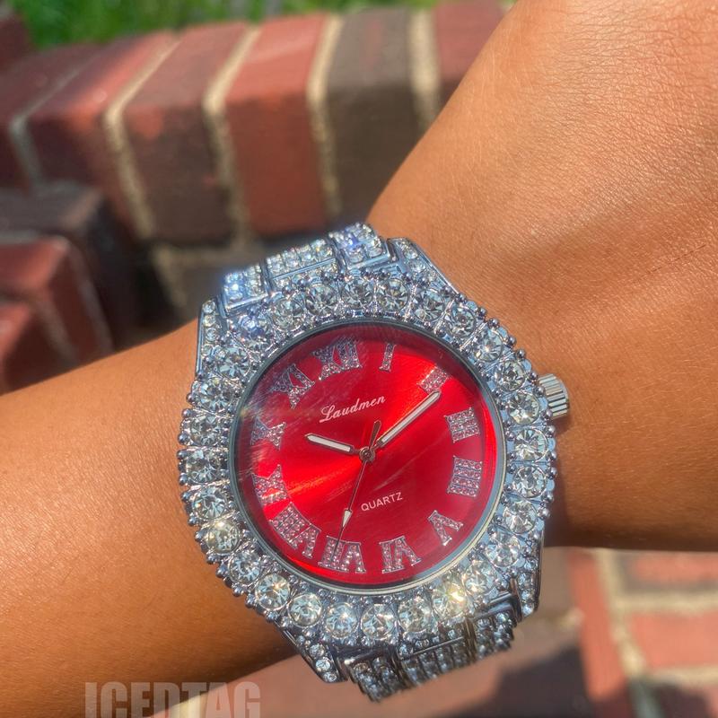 Iced Blinged Out Silver Plated Red Dial Luxury Celebrity Shine Watch