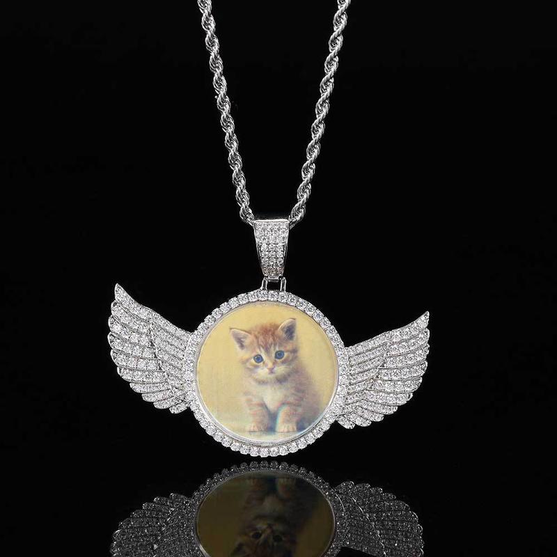 PAG&MAG Hip hop memory Angel Wings Round Photo pendant Copper inset zircon DIY creative picture frame necklace jewelry synthetic