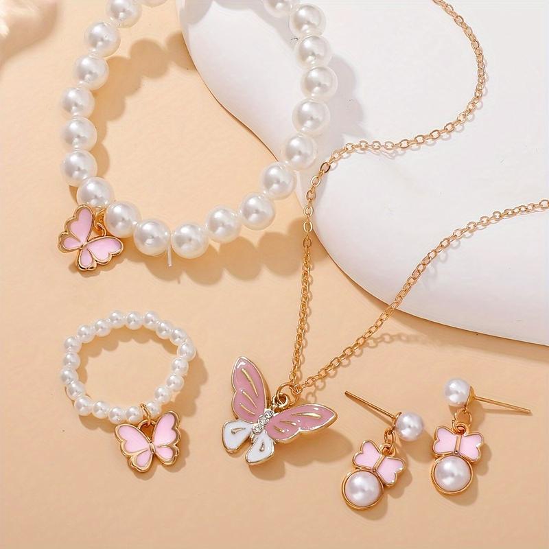 A Set of Lovely Pearl Butterfly Fashion Necklace Earrings Pearl Bracelet Ring Suit, Suitable for Girls