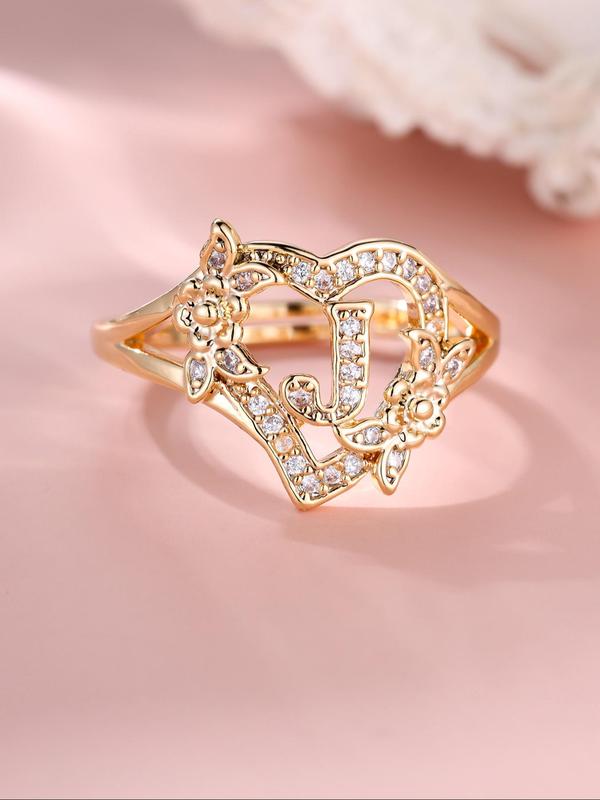 Fashion Letter & Flower Design Rhinestone Inlaid Promise Ring, Casual Matching Rings Jewelry for Party, Classic Trendy Accessories for Daily Wear