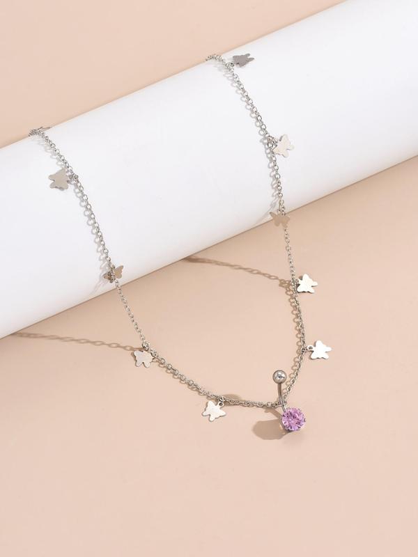 2 In 1 Butterfly Charm Waist Chain With Rhinestone Decor Belly Button Ring, Women's Fashion Body Jewelry For Party