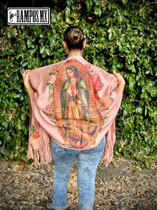 Shawl Virgin Mary Mexican Handmade Shawl,Floral Shawl from Mexico, Mexican Blanquet wrap ,Reboso Bordado Mexicano ,Reboso Virgen Guadalupe