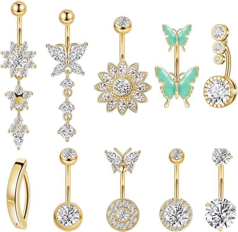 10 count 14G Surgical Steel Belly Button Rings for Women Dangle Belly Rings Cute CZ Navel Rings Clicker Butterfly Flower Belly Piercing  Pack