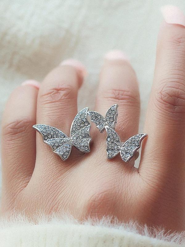 Butterfly Design Rhinestone Decorated Cuff Ring, Fashion Accessories for Women & Girls, Party, Daily Clothing Decor, Trendy All-match & Exquisite Jewelry for Birthday Gift