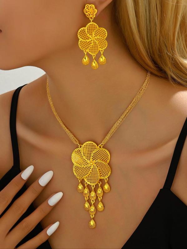 Women's Elegant Flower Design Jewelry Set, Exquisite Trendy Necklace & Dangle Earrings, Chic Jewelry Set for Party & Wedding Decor