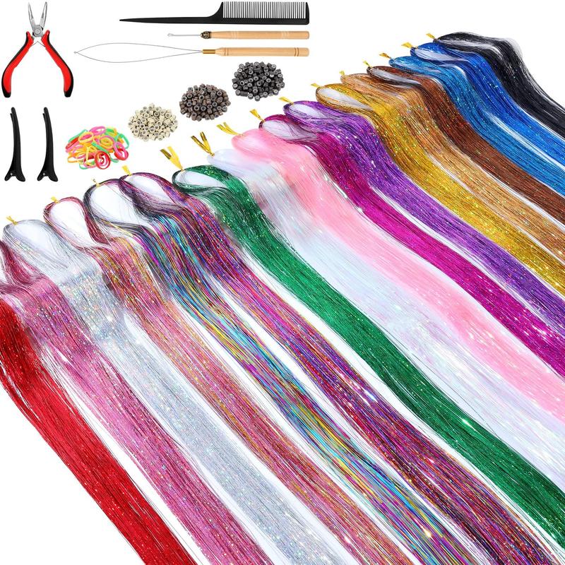 Hair Tinsel Kit (48 Inch, 17 Colors, 4250 strands), Tinsel Hair Extensions with Tools, 160° Heat Resistant Glitter Hair Tinsel Kit for Girls Women Hair Accessories silver hair clip synthetic extensions & pieces