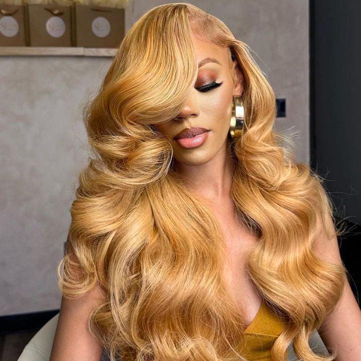 Amanda Hair Honey Blonde Body Wave #27 Color 13x4 Frontal Lace Human Hair Wigs for Women Pre Bleached Glueless Wigs