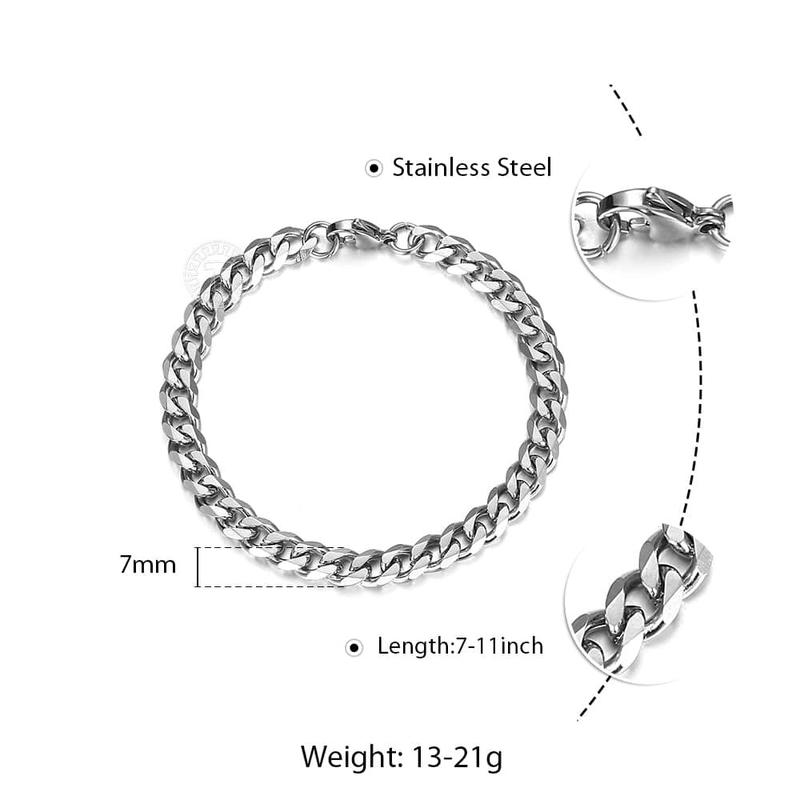 7MM Stainless Steel Curb Cuban Chain Necklace Bracelet Jewelry Set Silver Color Link for Female Male