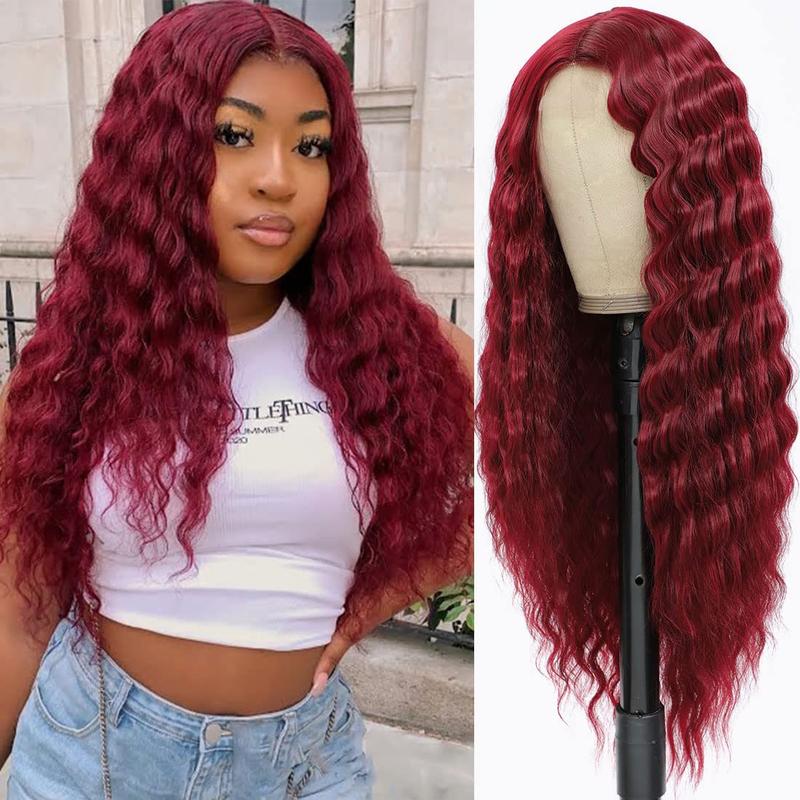 28 Inch Burgundy Deep Wave T-Part Lace Red Wig Synthetic Hair for Women Fake Scalp Natural Crimps Curls Wigs