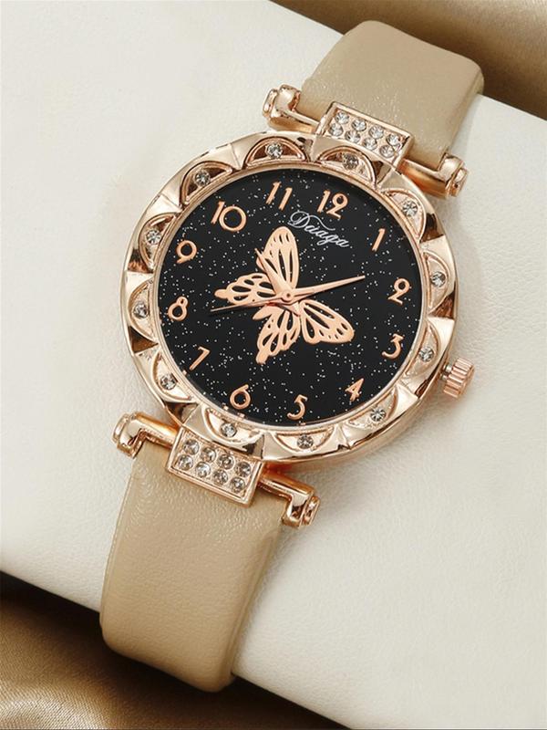 Elegant Butterfly Themed Watch & Jewelry Set, Including Round Dial Watch & Butterfly Charm Beaded Bracelets, without Box