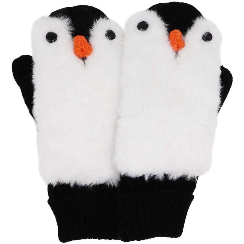 Women Penguin Mitten Gloves Winter Warm Lining Cozy Knit Pluffy Fuzzy Faux Fur Mitten