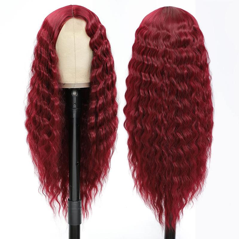 28 Inch Burgundy Deep Wave T-Part Lace Red Wig Synthetic Hair for Women Fake Scalp Natural Crimps Curls Wigs