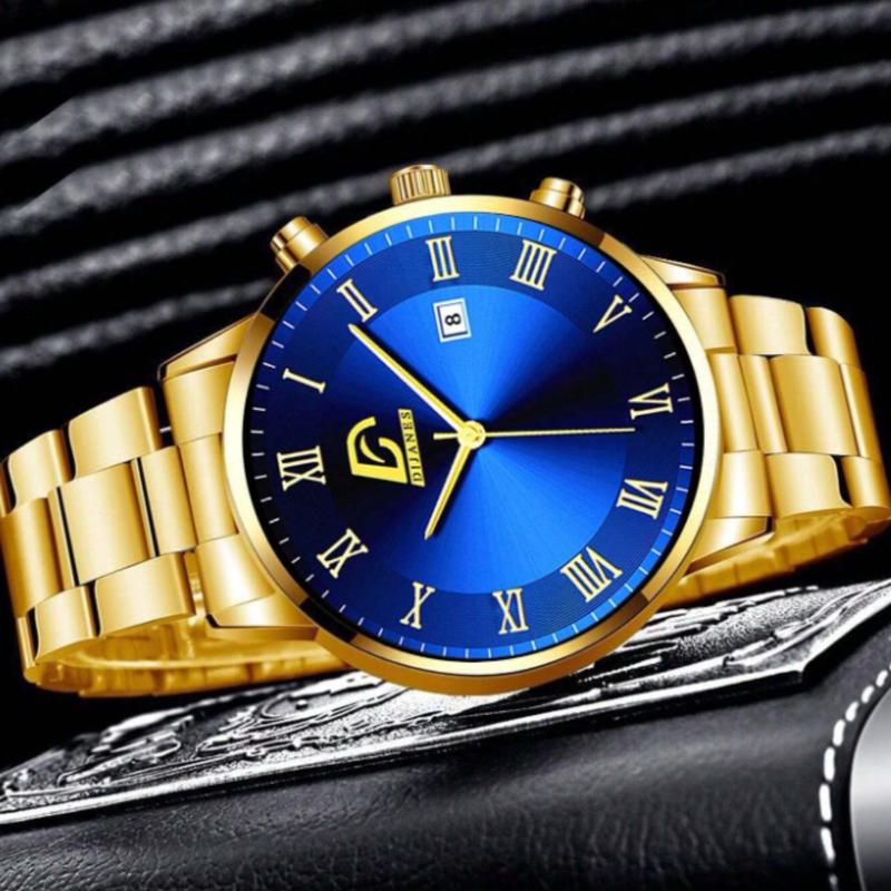 Men's Stainless Steel Quartz Watch with Date Display - Fashionable